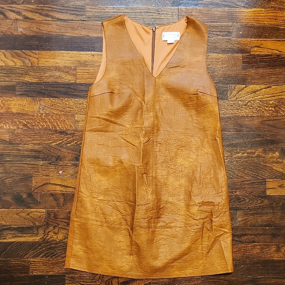 Love Riche Tan Faux Leather Sleeveless Shift Dress